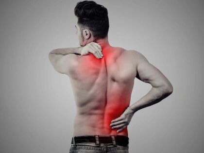 A man holding his neck and lower back, with both areas shaded red