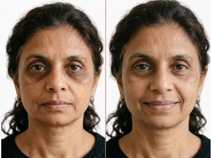 Two side-by-side portraits of the same woman